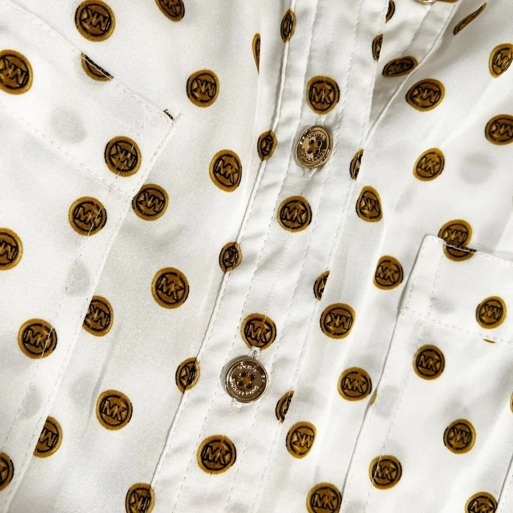 MICHAEL MICHAEL KORS Logo Polka Dot Satin White Button Down Sz 10